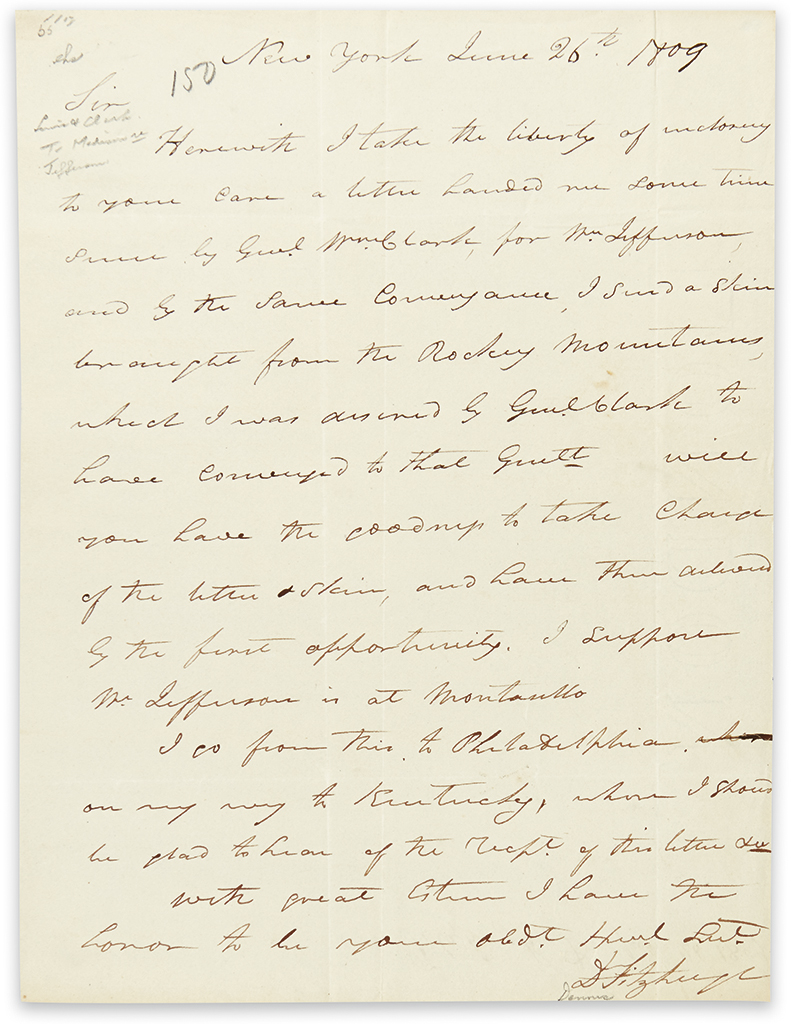 (LEWIS AND CLARK.) Fitzhugh, Dennis. Letter forwarding Major Clarks Rocky Mountain sheepskin to Thomas Jefferson.